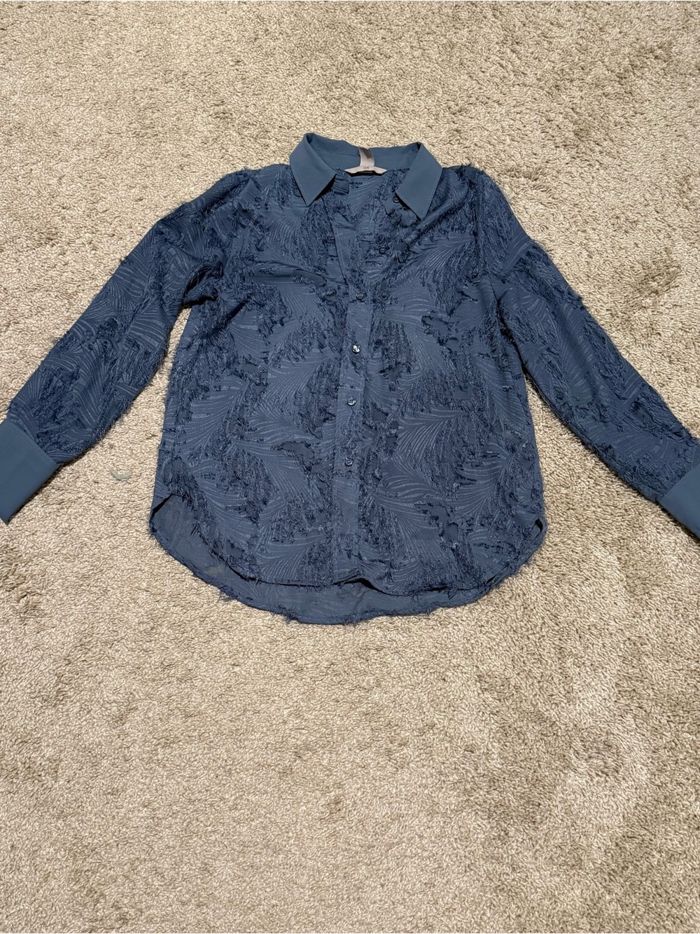 Textured Navy Button-Up Blouse